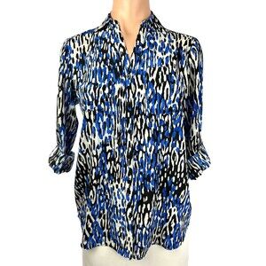 Talbots Size SP Blouse "Nantucket"Collared Long Roll Tab Sleeve White Black Blue